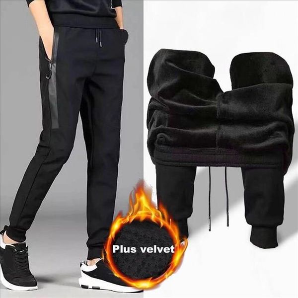 

men fall winter thick casual harlan pants elastic waist lace up sports trousers plus size m 5xl, Black
