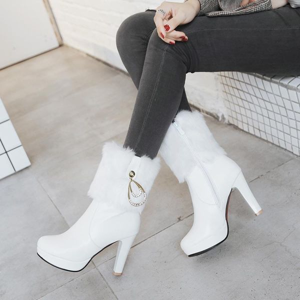 

boots women autumn winter fur plush warm platform shoes elegant crystal lady wedding party high-heeled ankle, Black
