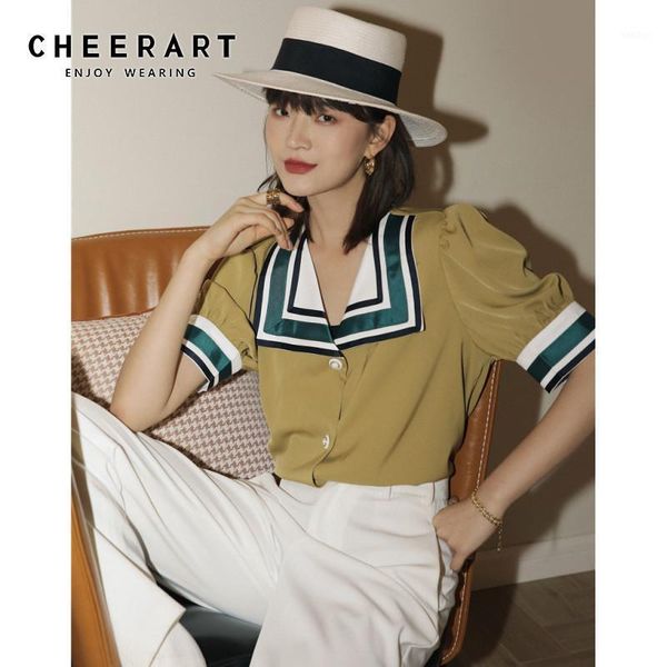 

cheerart vintage sailor collar puff sleeve blouse women yellow summer ladies satin short sleeve korean blouse clothing1, White