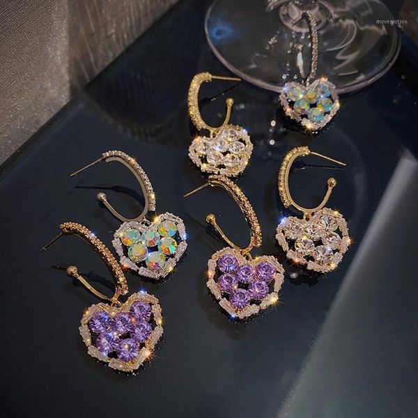 

korea exaggerated female heart color cz hoop earrings fashion bride wedding earrings for women silver color party love1, Golden;silver