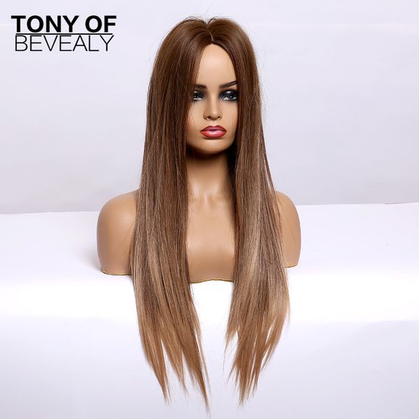 

lans straight brown ombre natural hair wigs middle part heat resistant synthetic wigs for afro women daily cosplay fashion wigs, Black