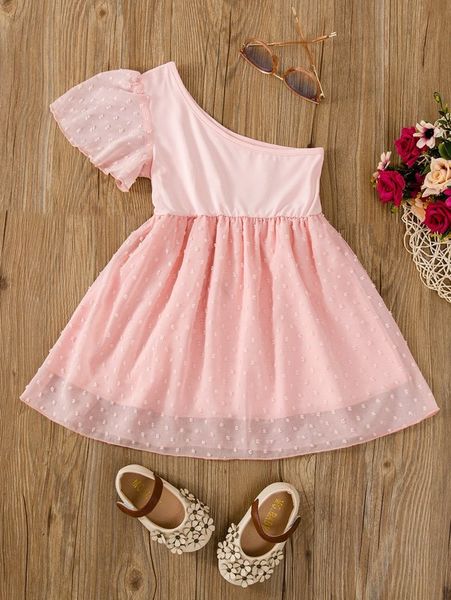 

toddler girls one shoulder swiss dot mesh overlay dress she, Red;yellow