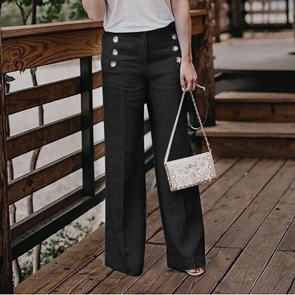 

women fashion pants casual loose elastic pantalones mujer button waist female wide leg pants new #t2g, Black;white