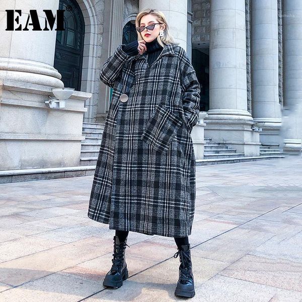 

eam] big size black plaid thick long warm woolen coat parkas new long sleeve women fashion tide autumn winter 2020 1dd06981