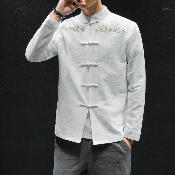 

2020 chinese style men shirts tunic neck long sleeve cotton chinese vintage shirt casual thin fitness camisa masculina -5xl1, Red