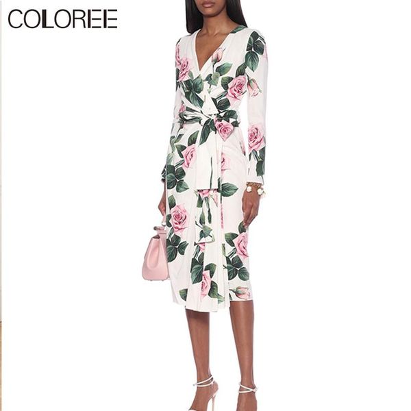 

runway designers dress women 2020 spring vintage elegant v-neck long sleeve floral printed midi dresses for women, Black;gray
