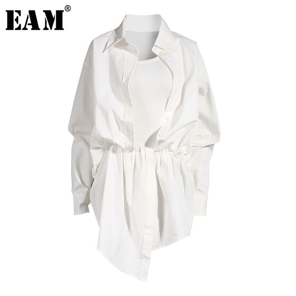 

[eam] women white irregular knot split big size shirt dress new lapel long sleeve loose fit fashion spring summer 2020 1x3420 y200805, Black;pink