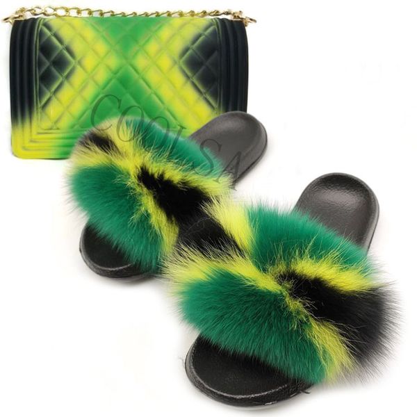 

women fox fur slides matching colorful jelly bag women new fashion fluffy fox fur slippers drop shipping women winter warm shoes y200706, Black