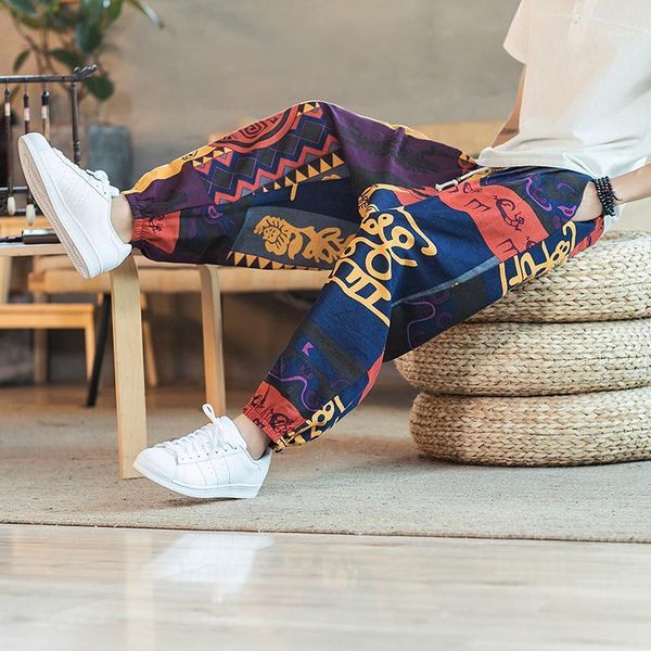 

men harem pants korean casual cotton linen trouser man jogger pants printed baggy men trousers streetwear dropshipping1, Black