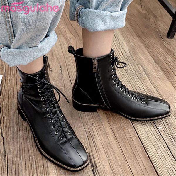

boots masgulahe 2021 genuine leather black brown lace up women autumn ankle cool zipper fashion womens dress
