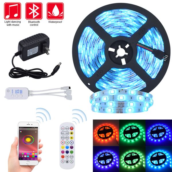 

led strip lights rgb strips 32.8ft tape light 300 leds smd5050 waterproof music sync color changing + bluetooth controller + 24key remote co