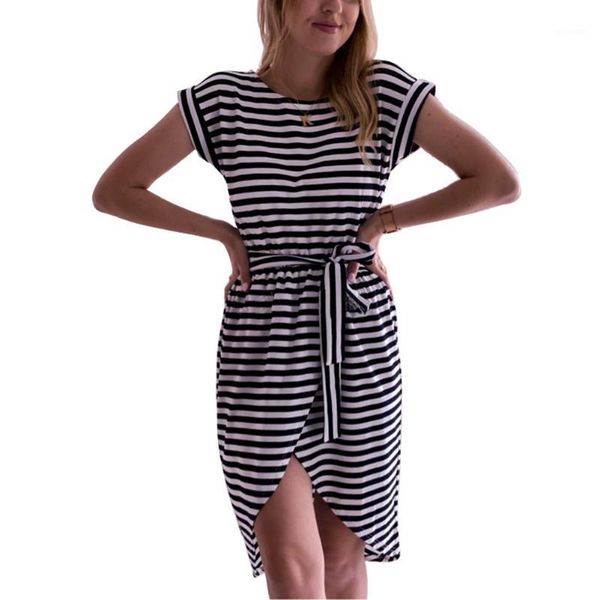 

2020 women summer casual striped mini dress fashion short sleeve round-neck dresses with belt asymmetrical sundress1, Black;gray