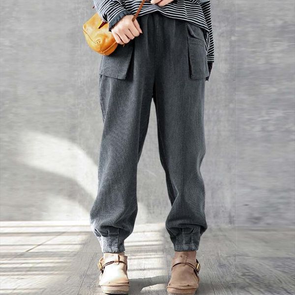 

casual solid long harem trouser autumn winter pockets straight trousers women vintage high waist corduroy pants female, Black;white