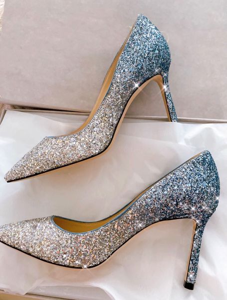 

elegant bridals wedding women's shoes london romy pumps silver dusk blue fireball glitter gradient pointed toe high heels eu34-43, Black