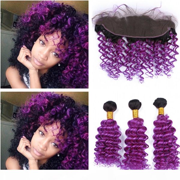 

1b purple ombre brazilian human hair weaves with ear to ear lace frontal deep wave purple ombre 13x4 lace frontal closure with 3bundles, Black;brown