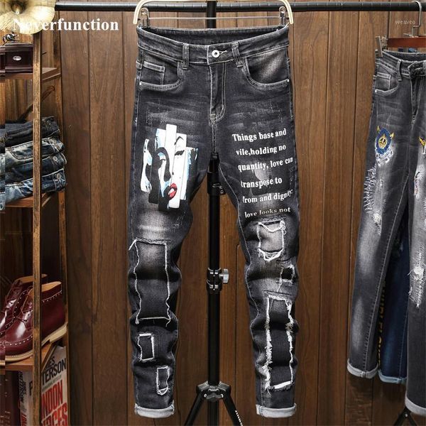 

men hip hop ripped personality letter printed distressed skinny jeans trousers streetwear holes casual man beggar denim pants1, Blue