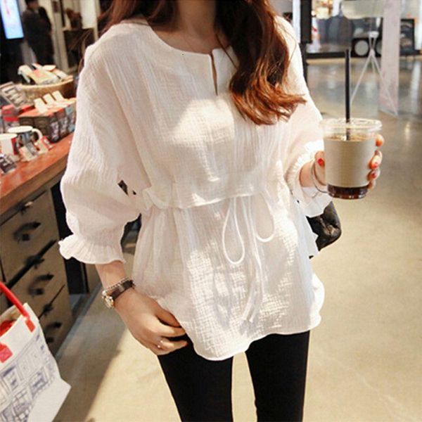 

autumn women solid color t-shirt loose lace up waist drawstring three quarter butterfly sleeve small fresh ruffles o neck, White