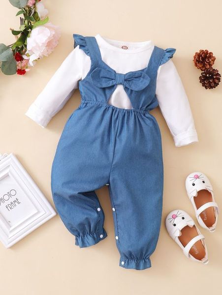 

baby solid tee & cut out ruffle trim jumpsuit she, White