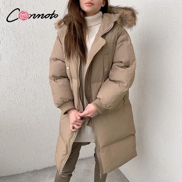 

women's down & parkas conmoto warm brown autumn winter women high street fashion office lady long sleeve jacket elegant with hat 2021, Black