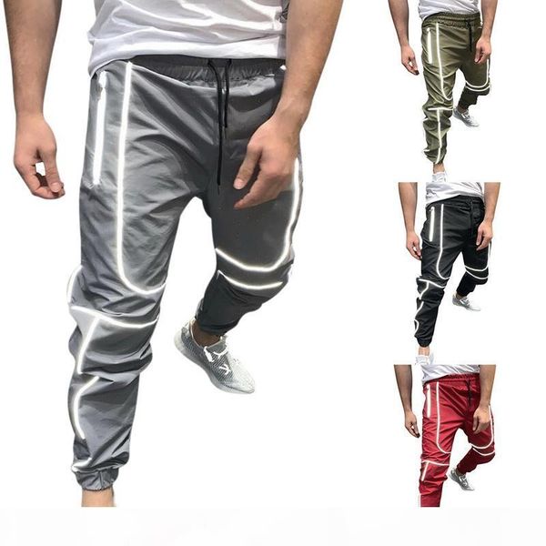 

men sport reflective pants joggers night running pants training gym fitness men joggers training long jogging sportswear, Black