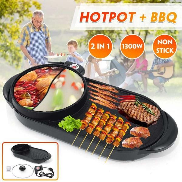 

1300w multi cooker dual temperature control electric 2 in 1 pot & barbecue non-stick electric grill machine for home party1