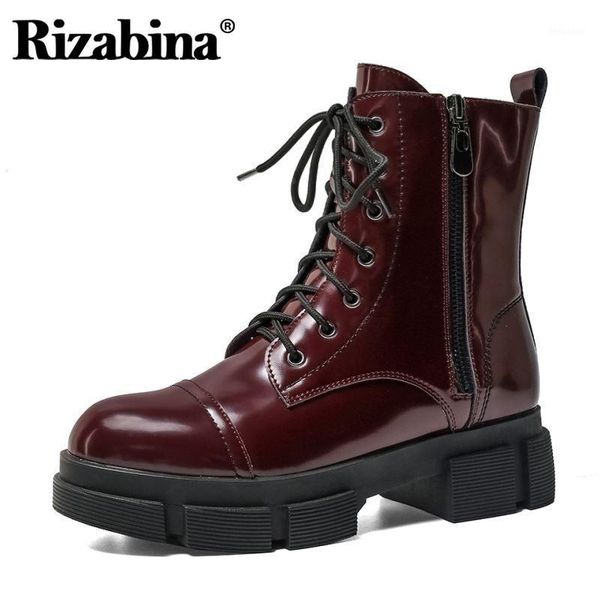 

boots rizabina women ankle patent real leather thick bottom short cool fashion shoes ladies footwear size 34-401, Black