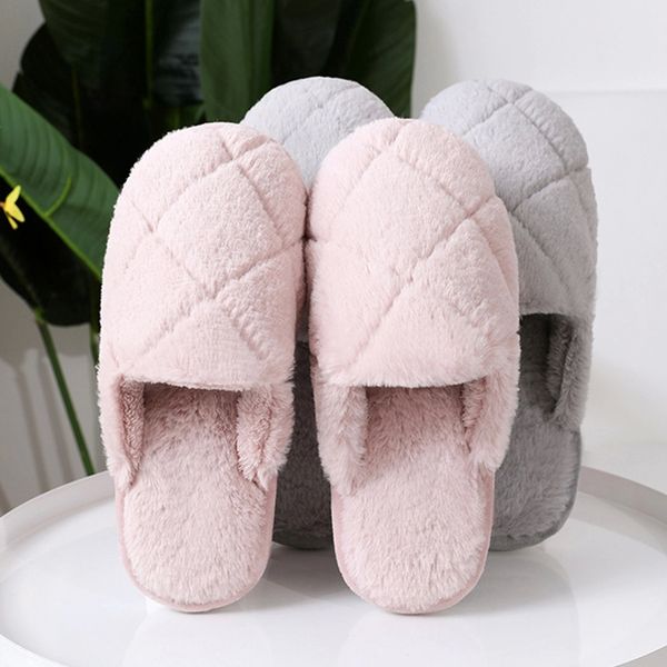 

winter plush home women fur slippers rhombic warm flock plush ladies flat shoes bedroom couples house furry slippers male #hb6s, Black
