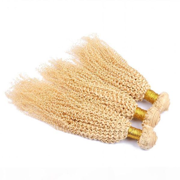 

kinky curly malaysian blonde human hair extensions double wefts pure #613 bleach blonde human hair weaves 3bundles lot afro curly 10-30&quot, Black
