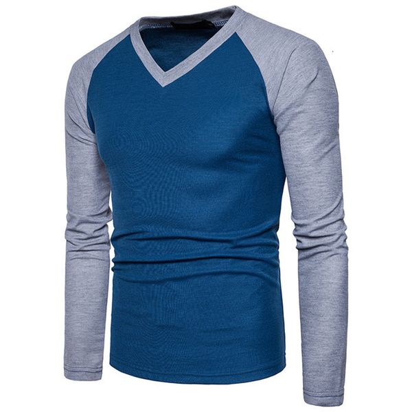 

spring autumn t-shirts mens long sleeve v neck patchwork clothing casual fashion men slim tees, White;black