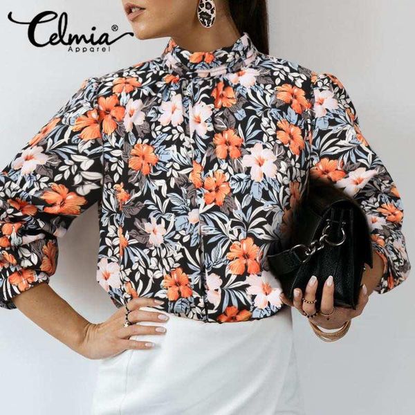

plus size women elegant flower printed blouse celmia autumn fashion long sleeve casual stand collar office shirt blusas 5xl, White