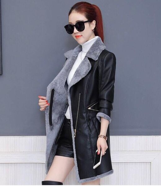 

2020 plus velvet thick leather women's jacket mid-length autumn and winter new korean version was thinner fur one plus velvet, Black