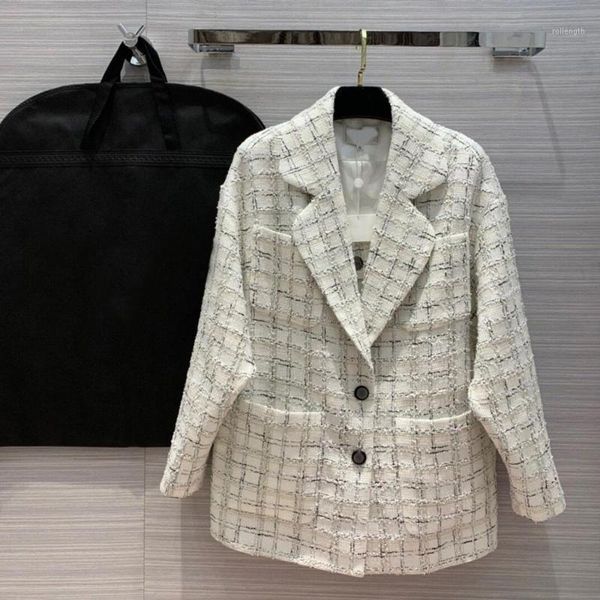 

luxury runway oversized blazer jackets women autumn 2020 fashion long sleeves turn-down collar coat beige plaid woven coats1, Black
