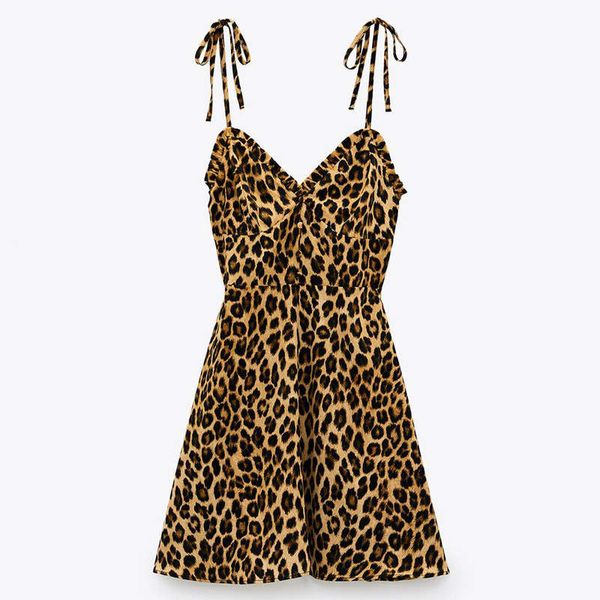 

za2020 new sling short leopard dress feminine slim skirt 07858240051, Black;gray