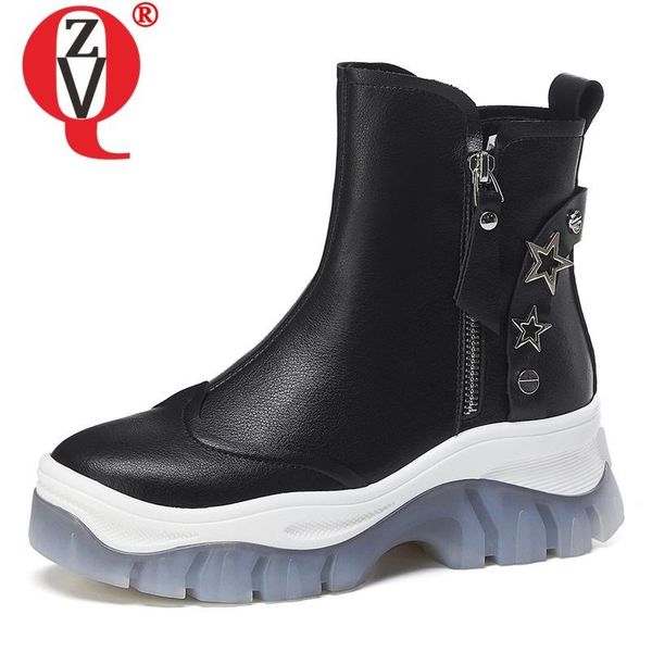 

zvq winter new fashion ankle boots outside comfortable high heels platform zip rivet genuine leather women shoes drop shipping, Black