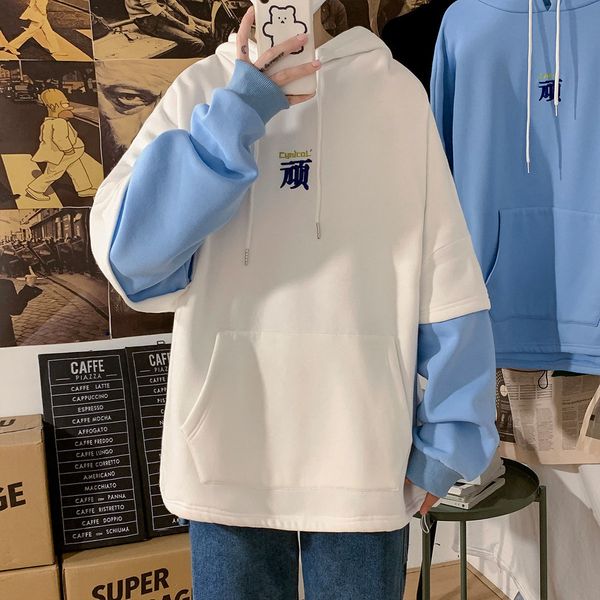 

2021 new patchwork 2 fake pcs men hoodies autumn new men's hooded sweatshirts harajuku man streetwear casual pullovers ec7w, Black