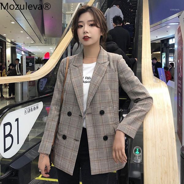 

mozuleva casual plaid notched collar women blazer jacket chic double breasted full sleeve female jackets outerwear 2019 workwear1, White;black