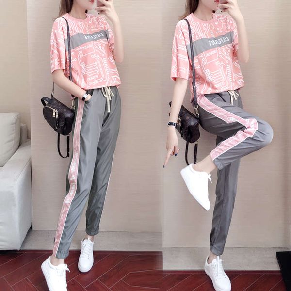 

sports suit women's summer 2020 new fashion brand loose hong kong style hip hop casual wear two piece running set, Gray
