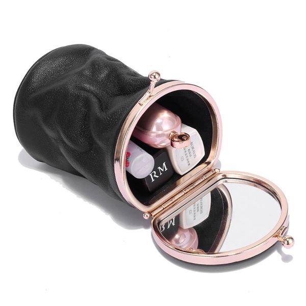 

fashion barrel-shaped real layer oil waxed cow leather cosmetic make up items case mini mirror cover lipsticks bag