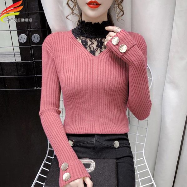

women's sweaters 2021 autumn winter lace sweater women rib cotton turtleneck long sleeve knitted pullovers casual ladies jumper, White;black
