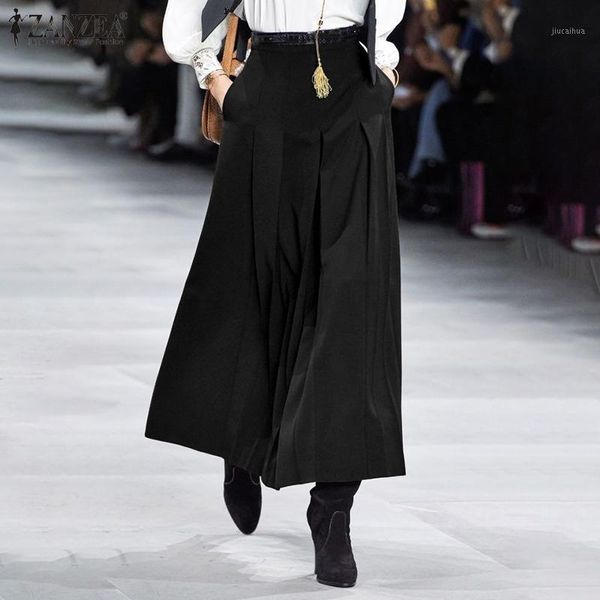 

zanzea 2021 fashion pleated maxi skirts women's spring sundress casual spring high waist a-line vestidos female zipper robe 5xl1, Black