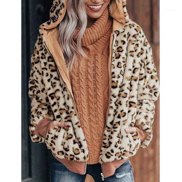 

leopard winter hoodie hairy shaggy fur jacket coat 2020 warm thick zipper loose overcoat fashion furry fur women short outerwear1, Black
