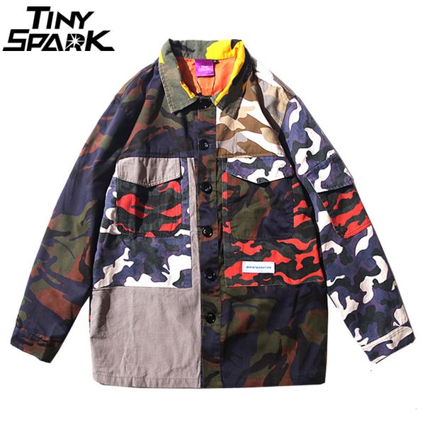

mens camouflage jackets hip hop vintage camo color block patchwork jacket streetwear casual bomber jacket fashion autumn, Black;brown