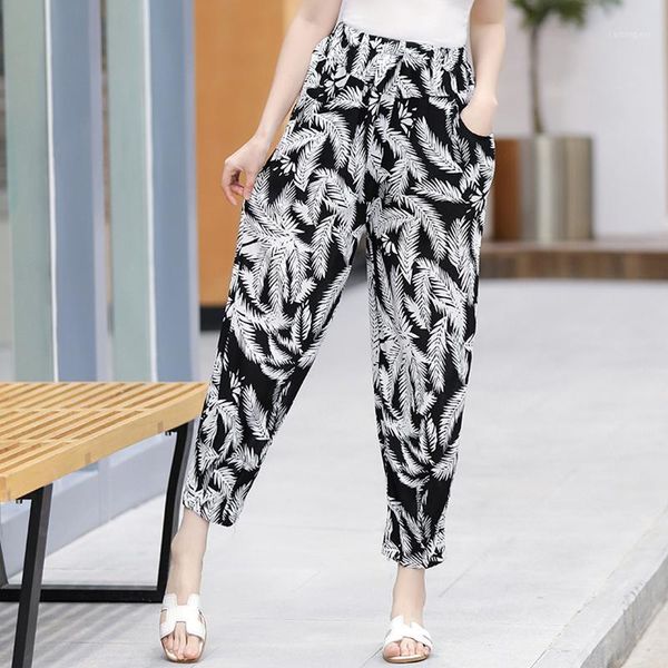 

women's pants & capris summer women flower print high waist thin trousers loose casual elegant womens ankle-length harem pants1, Black;white