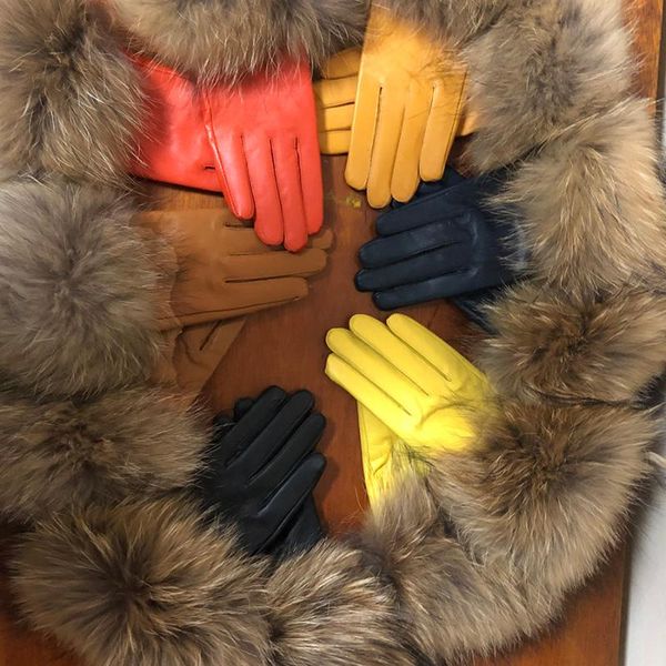 

five fingers gloves women' genuine leather real raccoon fur big sheepskin female winter velvet warm touch, Blue;gray