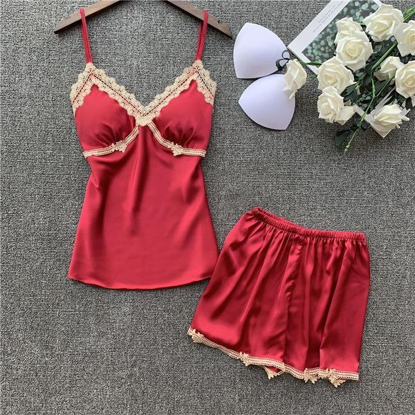 

women's pajamas silk embroidery pijamas with shorts 2pcs lingerie cami set ladies' pyjamas nightie sleepwear suits1, Black;red