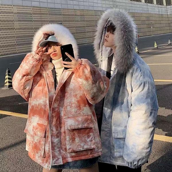 

luck a fur collar tie dye winter clothes jackets for women jacket plus size fashion clothing goth cotton couple coat1, Black