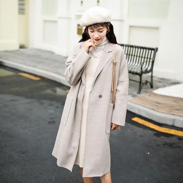 

fashion harajuku trench-coat for women autumn double-breasted casual solid long-coat blue & apricot streetwear loose windbreaker1, Tan;black