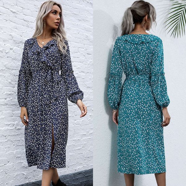 

spring and autumn 2020 new printed v-neck pullover high waist slim drs for women, Black;gray