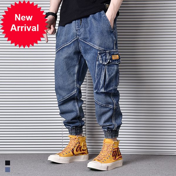 

2021 new men's fashionable brem from vintage loosened multi-pocket setting denim cargo pants streetwear hip designer breeches jib5, Blue