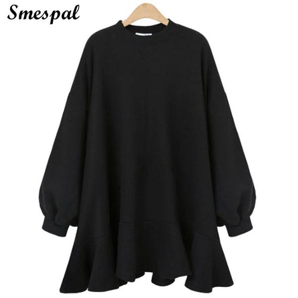 

casual dresses spring women fashion plus size sweatshirt dress sweet solid lantern sleeve in ruffles details, Black;gray